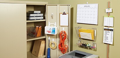 Quickly find what you need and easily put away when your done - keeping the supply closet organized is a simple with Command™ Products!

