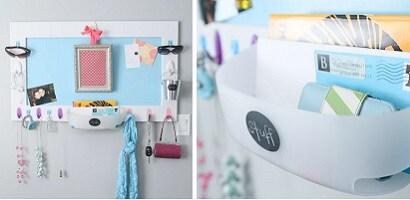 Create a message center in the bedroom with Command hooks and picture hanging strips