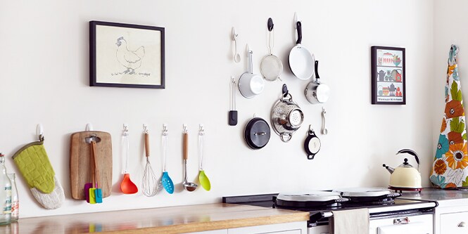 types of hooks for hanging items in the kitchen such as pots, pans, and utensils

