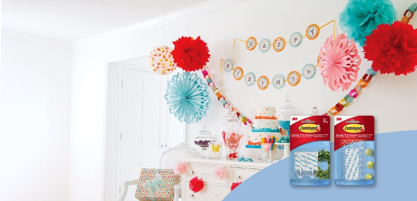 Party background decorations and backdrop using Command™ hooks and hangers
