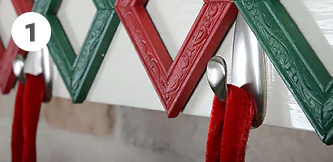 Closeup of Christmas stocking hung on a Command™ Brushed Nickel Metal Hook
