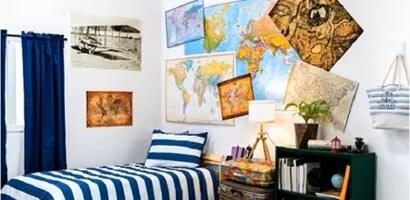 Bags are hung on the wall with Command Hooks, and posters are displayed using Command Strips