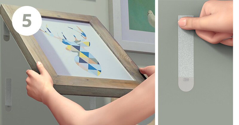 Step 5 of using 3M hanging strips - remove frame from wall, peel frame, press strip for 30 seconds

