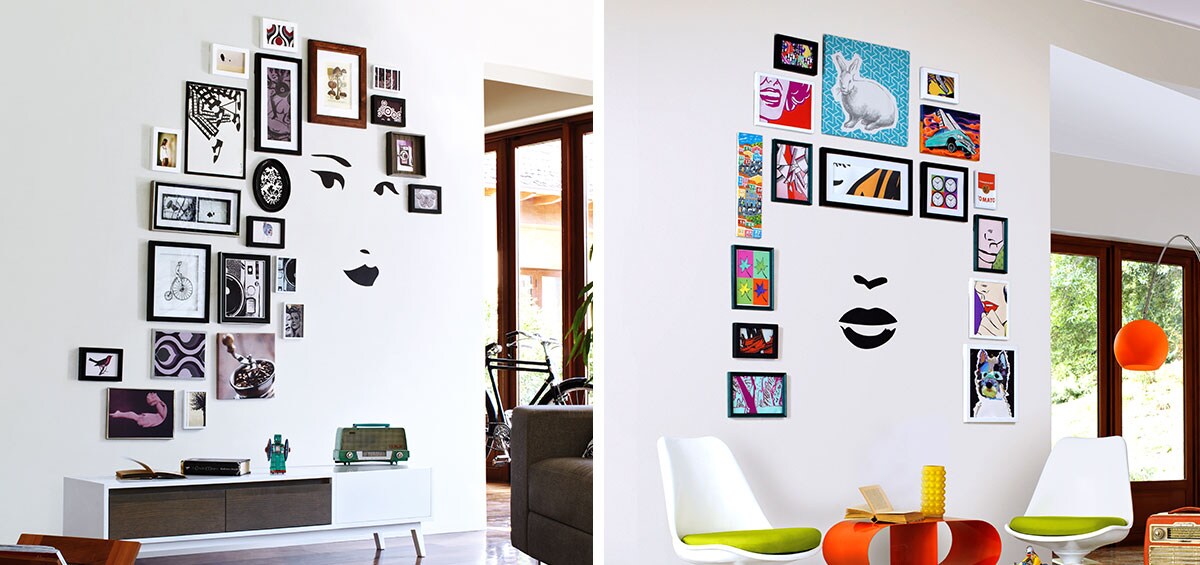 face wall decal with frames mounted with command picture hanging strips
